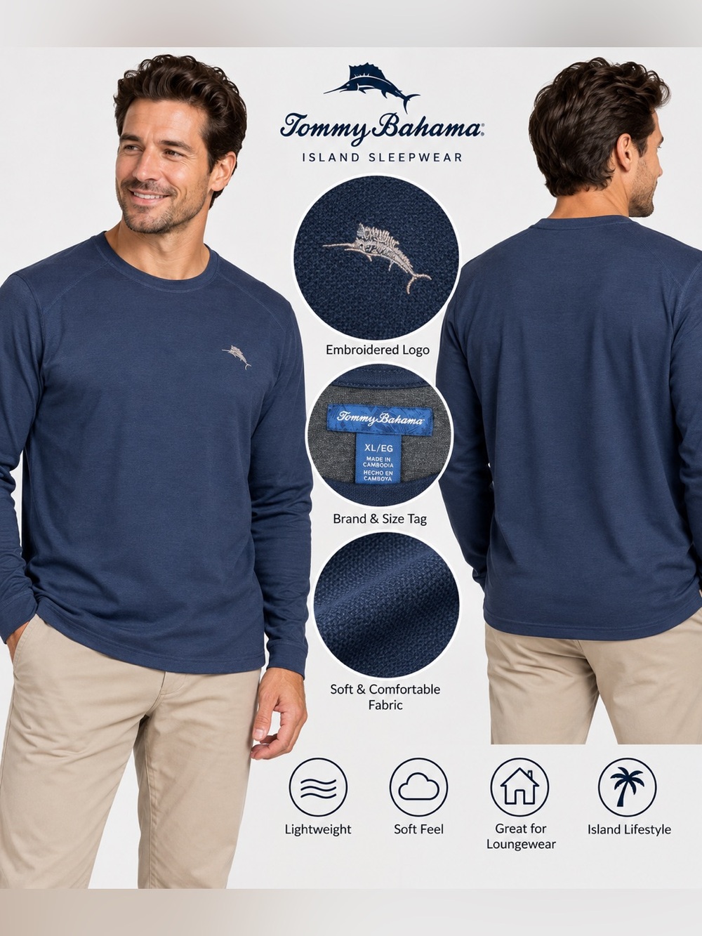 Tommy Bahama Men’s XL Navy Long Sleeve Island Sleepwear Shirt NWT